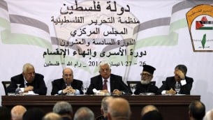 رئيس السلطة الفلسطينية محمود عباس يلقي خطابا أمام أعضاء منظمة التحرير الفلسطينية خلال اجتماع المجلس المركزي في مدينة رام الله، 26 أبريل 2014 (AFP PHOTO / عباس نوامني)