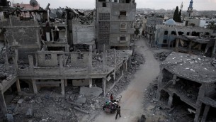 فلسطينيون يلوذون بالفرارعلى الحصان والعربة من حي دمر كليا في مدينة بيت حنون شمال قطاع غزة ،  18 أغسطس، 2014. ( AFP PHOTO / THOMAS COEX)