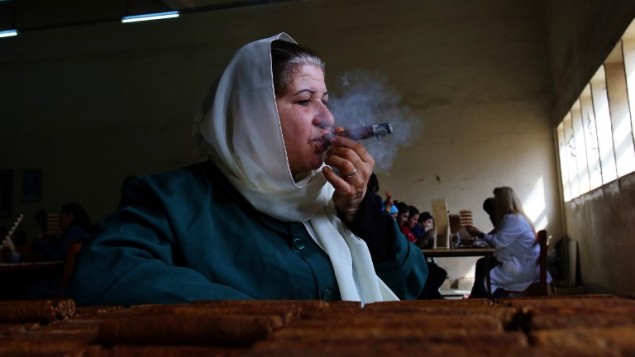 ام علي تدخن سيجار من صنع المصنع السوري الأول للسيجار حيث تعمل، 18 مارس 2015 (YOUSSEF KARWASHAN / AFP)