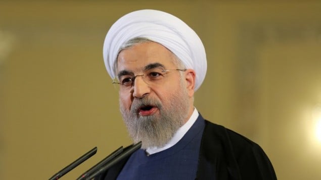 الرئيس الإيراني حسن روحاني خلال مؤتمر صحفي في طهران، 3 ابريل 2015 (ATTA KENARE / AFP)