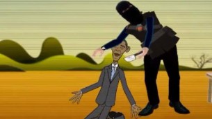 صور من شريط رسوم متحرك انجه تنظيم الدولة الإسلامية يظهر قطع رأس الرئيس الأمريكي باراك أوباما (screen capture: MEMRI)