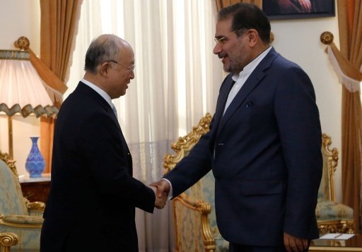 يوكيا امانو المدير العام للوكالة الدولية للطاقة الذرية مع رئيس جهاز الأمن القومي الإيراني علي شمخاني في طهران، 2 يوليو 2015 (ATTA KENARE / AFP)