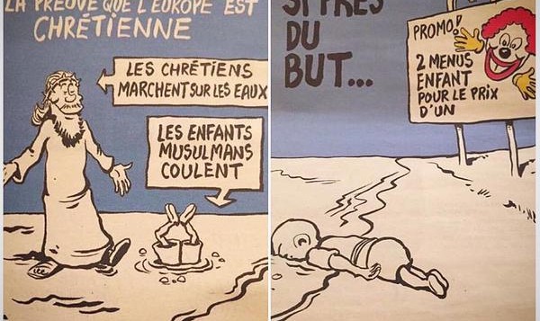 رسم جديد نشرته صحيفة شارلي ايبدو يظهر الطفل الان الكردي الغريق بعددها الاخير في 9 سبتمبر 2015 (Charlie Hebdo)