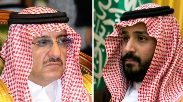 ولي العهد الامير محمد بن نايف، 56،  وزير الداخلية وقائد عمليات مكافحة الارهاب (يسار) والامير محمد بن سلمان الثلاثيني نجل الملك ووزير الدفاع (AFP)