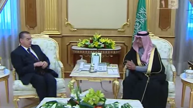 السفير الفلسطيني للسعودية باسم الآغا يلتقي بنائب رئيس الوزراء اليعودي مقرن بن عبد العزيز، 10 فبراير 2014 (screen capture: YouTube)