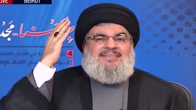 زعيم حزب الله حسن نصر الله خلال خطاب في بيروت، 12 مايو 2016 (screen capture: Press TV)
