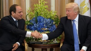 الرئيس الأمريكي دونالد ترامب (من اليمين) والرئيس المصري عبد الفتاح السيسي خلال اجتماع ثنائي جمعهما في فندق في الرياض، 21 مايو، 2017. (AFP PHOTO / MANDEL NGAN)