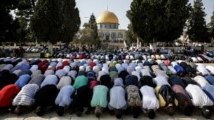 المسلمون يصليون في الحرم القدسي في 27 يوليو، 2017. (AFP Photo/Ahmad Gharabli)