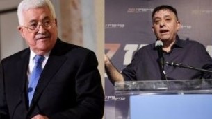 رئيس السلطة الفلسطينية محمود عباس ورئيس حزب العمل آفي غاباي. (AFP/Jack Guez and Fethi Belaid)