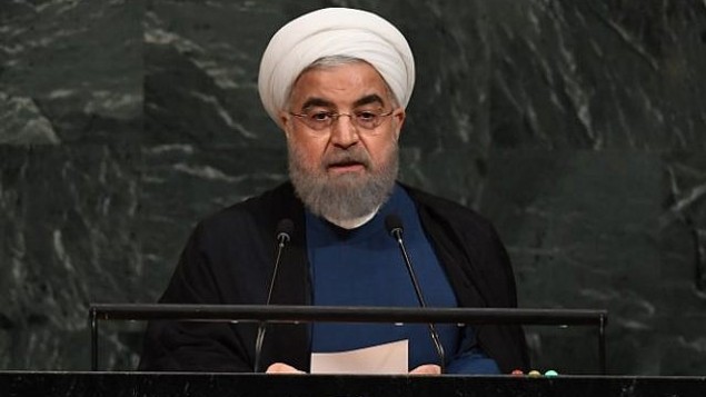 الرئيس الإيراني حسن روحاني يلقي خطابا خلال الدورة ال72 للجمعية العامة للأمم المتحدة، 20 سبتمبر، 2017، في الأمم المتحدة في نيويورك. (AFP PHOTO / ANGELA WEISS)