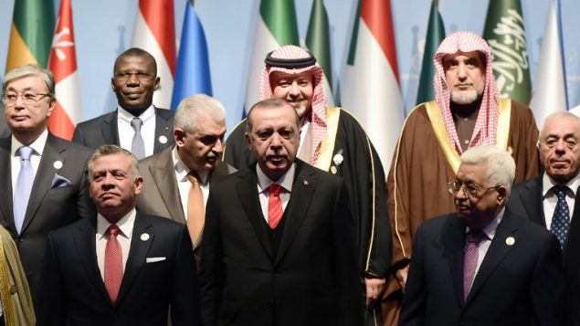 الرئيس التركي رجب طيب أدروغان (وسط الصورة) يقف بين عبد الله ملك الأردن، من اليسار، ورئيس السلطة الفلسطينية محمود عباس، من اليمين، في صورة مع قادة آخرين تم التقاطها قبل الجلسة الافتتاحية لقمة منظمة التعاون الإسلامي في إسطنبول، 13 ديسمبر، 2017. (YASIN AKGUL / AFP)