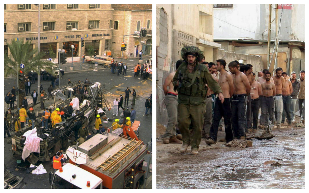 اليسار: مشهد تفجير حافلة عام 1996 في وسط مدينة القدس. اليمين: فلسطينيون معتقلون في جنين، 2002، خلال الانتفاضة الثانية. (Courtesy Ian Black) اليسار: مشهد تفجير حافلة عام 1996 في وسط مدينة القدس. اليمين: فلسطينيون معتقلون في جنين، 2002، خلال الانتفاضة الثانية. (Courtesy Ian Black)