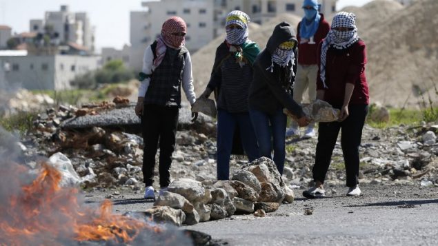 متظاهرات فلسطينيات يحملن الحجارة خلال اشتباكات مع جنود اسرائيليين في بير زيت، الضفة الغربية، 12 مارس 2018 (AFP/ABBAS MOMANI)
