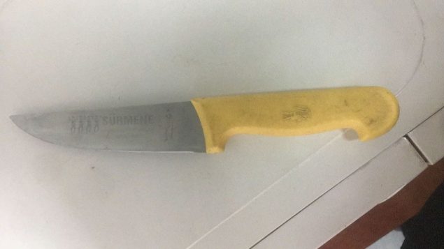 سكين عثر عليها بحوزة رجل فلسطيني اقترب من حاجز قلنديا، شمال القدس، 18 ابريل 2018 (Israel Police)