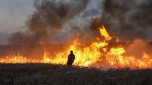 يحاول رجال الإطفاء الإسرائيليون إخماد حريق في حقل قمح بالقرب من كيبوتس ناحال عوز، على طول الحدود مع قطاع غزة، في 8 مايو 2018 بعد أن تسببت فيه الطائرات الورقية التي يرسلها متظاهرون فلسطينيون عبر الحدود. (AFP/Menahem Kahana)
