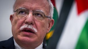 وزير الخارجية الفلسطيني رياض المالكي يتحدث خلال مؤتمر صحفي في المحكمة الجنائية الدولية (Lex van LIESHOUT / ANP / AFP)