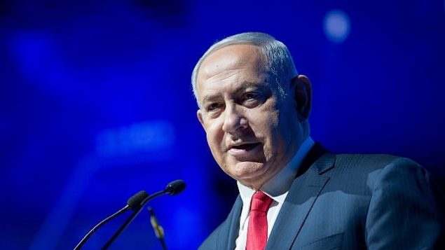 رئيس الوزراء بينيامين نتنتياهو يلقي كلمة خلال مؤتمر ’أسبوع السايبر’ في جامعة تل أبيب في 20 يونيو، 2018. (Miriam Alster/Flash90)
