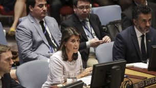 السفيرة الامريكية الى الأمم المتحدة نيكي هايلي خلال جلسة لمجلس الأمن الدولي في مقر الأمم المتحدة في نيويورك، 24 يوليو 2018 (Drew Angerer/Getty Images/AFP)