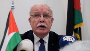 وزير الخارجية الفلسطيني، رياض المالكي، في مؤتمر صحفي في المحكمة الجنائية الدولية، 22 مايو، 2018. (AP Photo/Mike Corder)