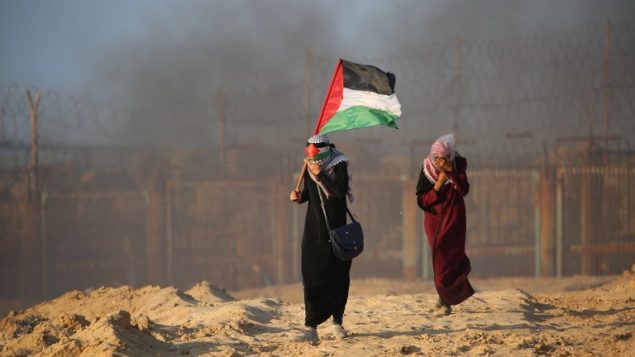 امرأة فلسطينية تحمل العلم الفلسطيني خلال مظاهرة من اجل رفع الحصار الإسرائيلي المفروض على قطاع غزة في شاطئ ببيت لاهيا، بالقرب من الحدود البحرية مع اسرائيل، 17 سبتمبر 2018 (AFP/Said Khatib)