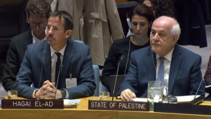 المدير التنفيذي لمنظمة ’بتسيلم’، حاغاي إلعاد، من اليسار، يجلس إلى جانب السفير الفلسطيين لدى الأمم المتحدة، رياض منصور، في جلسة لمجلس الأمن التابع للأمم المتحدة، 18 أكتوبر، 2018.  (Courtesy UN WebTv)