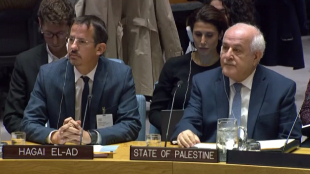 المدير التنفيذي لمنظمة ’بتسيلم’، حاغاي إلعاد، من اليسار، يجلس إلى جانب السفير الفلسطيين لدى الأمم المتحدة، رياض منصور، في جلسة لمجلس الأمن التابع للأمم المتحدة، 18 أكتوبر، 2018.  (Courtesy UN WebTv)