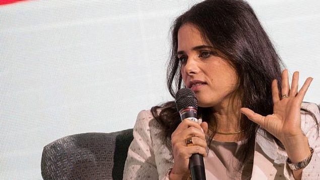 وزيرة العدل أييليت شاكيد تتحدث غي مؤتمر تنظمه صحيفة ’معاريف’ في القدس، 15 أكتوبر، 2018.  (Yonatan Sindel/Flash90)