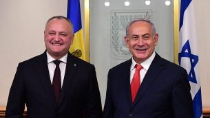رئيس الوزراء بنيامين نتنياهو يستضيف الرئيس المولدوفي إيغور دودون في أول زيارة له لإسرائيل، 18 ديسمبر 2018. (Kobi Gideon / GPO)