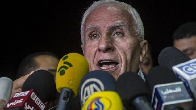 عزام الأحمد يعقد مؤتمرا صحفيا في فندق في القاهرة، 13 أغسطس، 2014.  (AFP/Khaled Desouki)