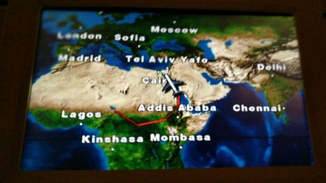 مسار طائرة رئيس الوزراء بنيامين نتنياهو فوق جنوب السودان، كما يبدو على شاشة داخل طائرة نتنياهو، 20 يناير 2019 (Rraphael Ahren)