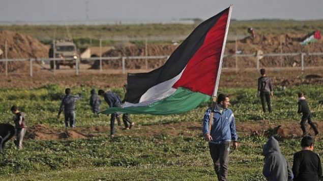 رجل فلسطيني يحمل العلم الوطني خلال مظاهرة بالقرب من السياج على طول الحدود مع إسرائيل، شرق مدينة غزة، في 8 فبراير، 2019. (MAHMUD HAMS / AFP) رجل فلسطيني يحمل العلم الوطني خلال مظاهرة بالقرب من السياج على طول الحدود مع إسرائيل، شرق مدينة غزة، في 8 فبراير، 2019. (MAHMUD HAMS / AFP)