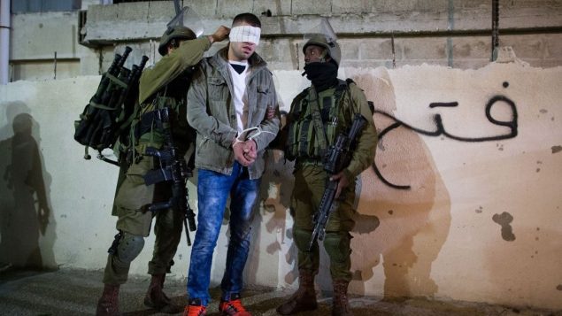 صورة توضيحية لجنود إسرائيليين يقومون بتعصيب أعين معتقلين فلسطينيين، 8 ديسمبر 2015 (Nati Shohat/Flash90.)