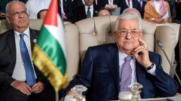رئيس السلطة الفلسطينية محمود عباس (من اليسار) وأمين سر اللجنة التنفيذية لمنظمة التحرير الفلسطينية، صائب عريقات (من اليسار)، يحضران الجلسة الافتتاحية للقمة الثلاثين لجامعة الدول العربية المنعقدة في العاصمة التونسية تونس، 31 مارس، 2019. (FETHI BELAID / POOL / AFP)