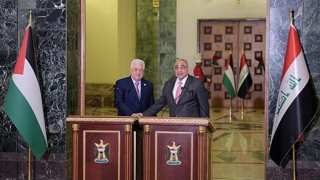 رئيس السلطة الفلسطينية محمود عباس ورئيس الوزراء العراقي عادل عبد المهدي في بغداد، 3 مارس، 2019.  (Credit: Wafa)