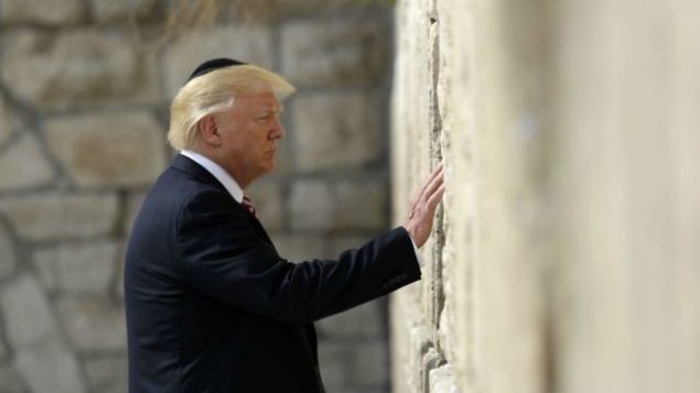 الرئيس الأمريكي دونالد ترامب يزور الحائط الغربي، 22 مايو، 2017، في القدس.  (AP Photo/Evan Vucci)