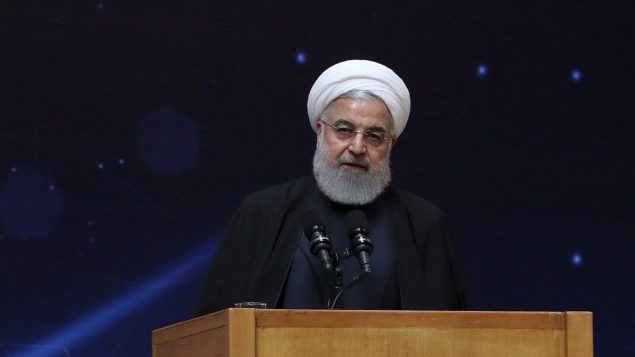 الرئيس الإيراني حسن روحاني في مراسيم بمناسبة ’اليوم الوطني للتكنولوجيا النووية’ في طهران، 9 ابريل 2019 (Iranian Presidency Office via AP)