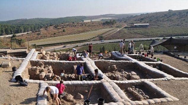 علماء أثار في أعمال تنقيب في مدينة لخيش التوراتية، حيث تم العثور في عام 2014 على نقش أبجدي كنعاني يعود تاريخه إلى القرن ال12 قبل الميلاد.(courtesy of Yossi Garfinkel, Hebrew University)
