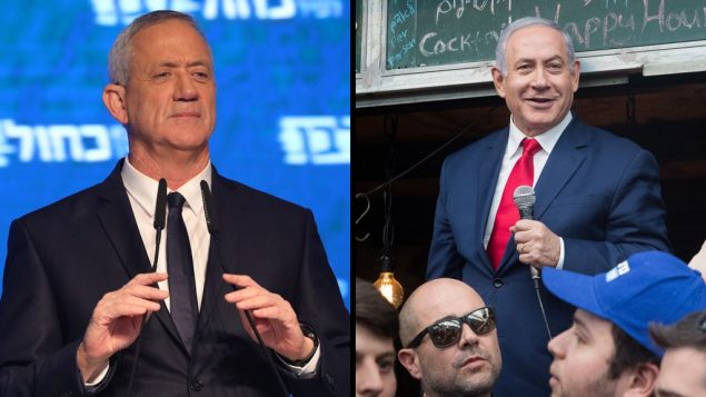 بيني غانتس، يسار، ورئيس الوزراء بنيامين نتنياهو (Noam Revkin Fenton, Yonatan Sindel/Flash90)