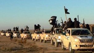 مقاتلي تنظيم الدولة الإسلامية يرفعون اسلحتهم ويلوحون بأعلام التنظيم في طريق مؤدية للعراق، في الرقة، سوريا، 2014 (Militant photo via AP, File)