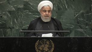 الرئيس الإيراني حسن روحاني يخاطب الجمعية العامة للأمم المتحدة في مقر الامم المتحدة في نيويورك، 25 سبتمبر 2019 (Drew Angerer/Getty Images/AFP)