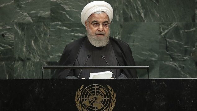 الرئيس الإيراني حسن روحاني يخاطب الجمعية العامة للأمم المتحدة في مقر الامم المتحدة في نيويورك، 25 سبتمبر 2019 (Drew Angerer/Getty Images/AFP)