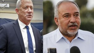 صورة مركبة تظهر رئيس حزب ’أزرق أبيض’، بيني غانتس داخل مركز اقتراع في روش هعاين في 17 سبتمبر 2019، ورئيس حزب ’يسرائيل بيتنو’، أفيغدور ليبرمان، في كيبوتس ناحال عوز في 12 سبتمبر 2019 (Jack Guez/Menahem Kahana, AFP)