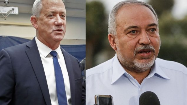صورة مركبة تظهر رئيس حزب ’أزرق أبيض’، بيني غانتس داخل مركز اقتراع في روش هعاين في 17 سبتمبر 2019، ورئيس حزب ’يسرائيل بيتنو’، أفيغدور ليبرمان، في كيبوتس ناحال عوز في 12 سبتمبر 2019 (Jack Guez/Menahem Kahana, AFP)