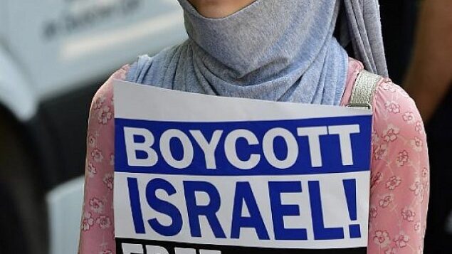 صورة توضيحية: متظاهرة تحمل لافتة كُتب عليها "مقاطعة إسرائيل، فلسطين حرة" خلال متظاهرة بمناسبة ’يوم القدس’ في برلين، 9 يونيو، 2018.  (AFP PHOTO / Tobias SCHWARZ)