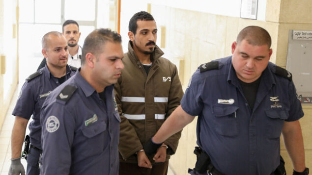 Sand Al-Turman, the suspect in a car-ramming attack which injured a dozen soldiers near the Jerusalem First Station a few weeks ago, seen at the District Court in Jerusalem on March 11, 2020. Photo by Olivier Fitoussi/Flash90 *** Local Caption *** פינוי
פצוע
חייל
פיגוע דריסה
פלסטיני
ירושלים
הערכת מעצר
סנד אל-טורמאן
דריסה
חיילים