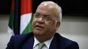 صائب عريقات، أمين سرّ اللجنة التنفيذية لمنظمة التحرير الفلسطينية، يتحدث مع وسائل الإعلام بعد اجتماعه مع دبلوماسيين في مدينة بيت لحم بالضفة الغربية،  30 يناير، 2019. (Abbas Momani/AFP)