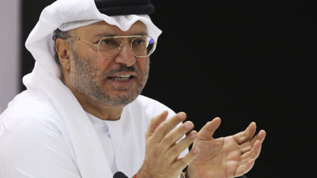 وزير الدولة الإماراتي للشؤون الخارجية أنور قرقاش يتحدث مع صحافيين في دبي، الإمارات، 18 يونيو، 2018.(AP/Jon Gambrell)