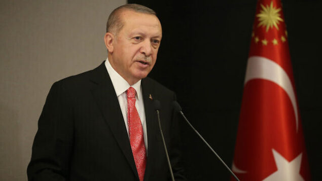 الرئيس التركي رجب طيب أرودغان يلقي كلمة خلال خطاب متلفز للأمة في إسطنبول، 11 مايو، 2020. (Presidential Press Service via AP, Pool)