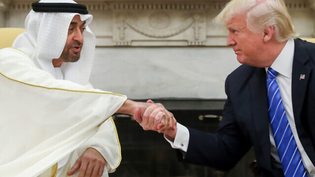 الرئيس الأمريكي دونالد ترامب يصافح ولي عهد أبو ظبي، الشيخ محمد بن زايد آل نهيان، في البيت الأبيض بواشنطن، 15 مايو، 2017. (AP/Andrew Harnik, File)