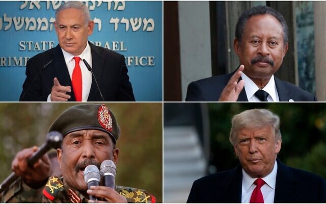 في اتجاه عقارب الساعة ، من أعلى اليسار: رئيس الوزراء بنيامين نتنياهو في مكتبه في القدس، 13 سبتمبر، 2020 (Alex Kolomiensky / Yedioth Ahronoth via AP، Pool)؛ رئيس الوزراء السوداني عبد الله حمدوك في قصر الاليزيه في باريس، 30 سبتمبر، 2019. (AP Photo / Thibault Camus)؛ الرئيس الأمريكي دونالد ترامب في البيت الأبيض، 21 أكتوبر، 2020. (AP Photo / Alex Brandon)؛ الفريق أول عبد الفتاح برهان ، رئيس المجلس العسكري السوداني، غرب الخرطوم، 29 يونيو، 2019. (,AP Photo / Hussein Mala File)